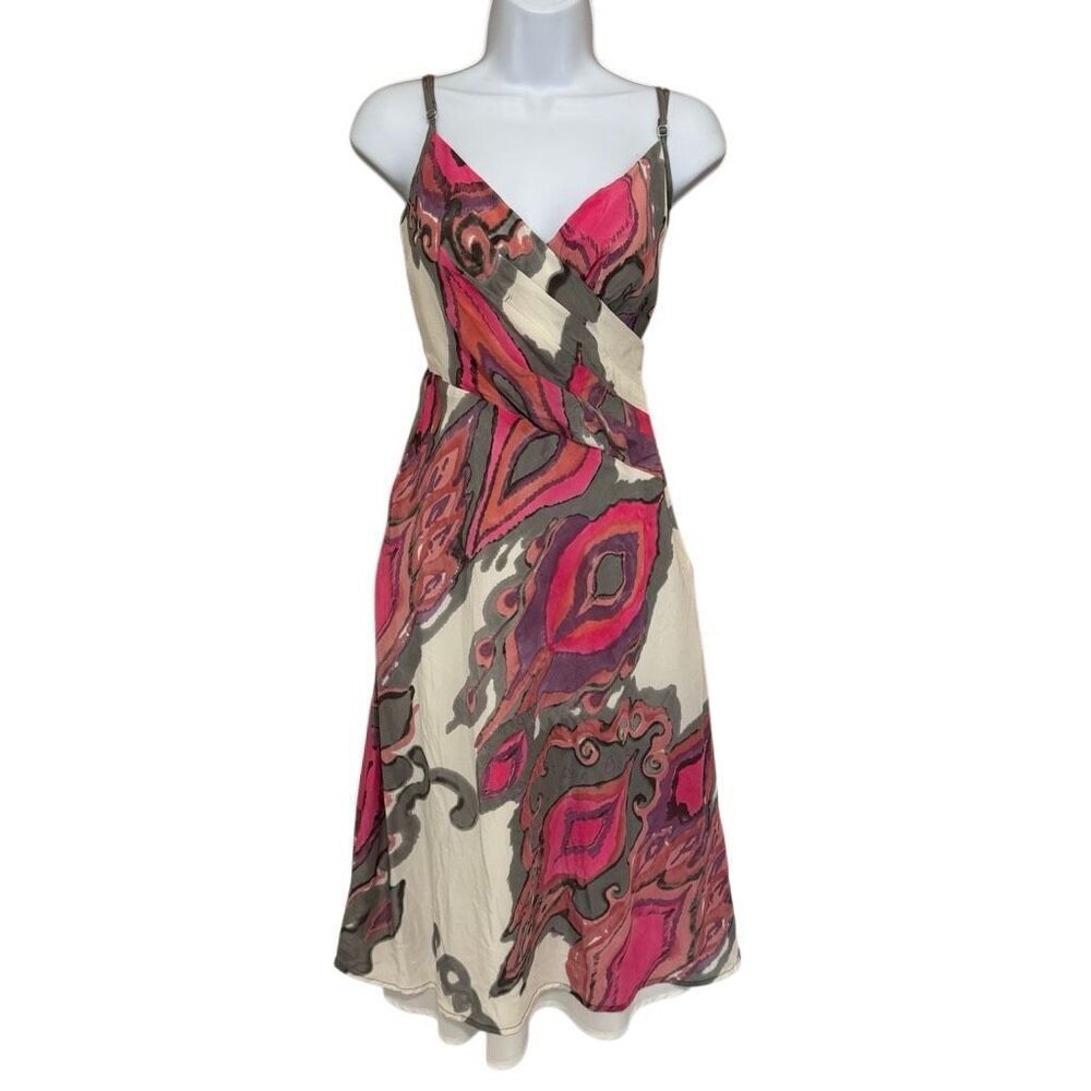 Vintage Y2K Trina Turk 100% Silk Abstract Print Midi Dress Size 8 Made in USA